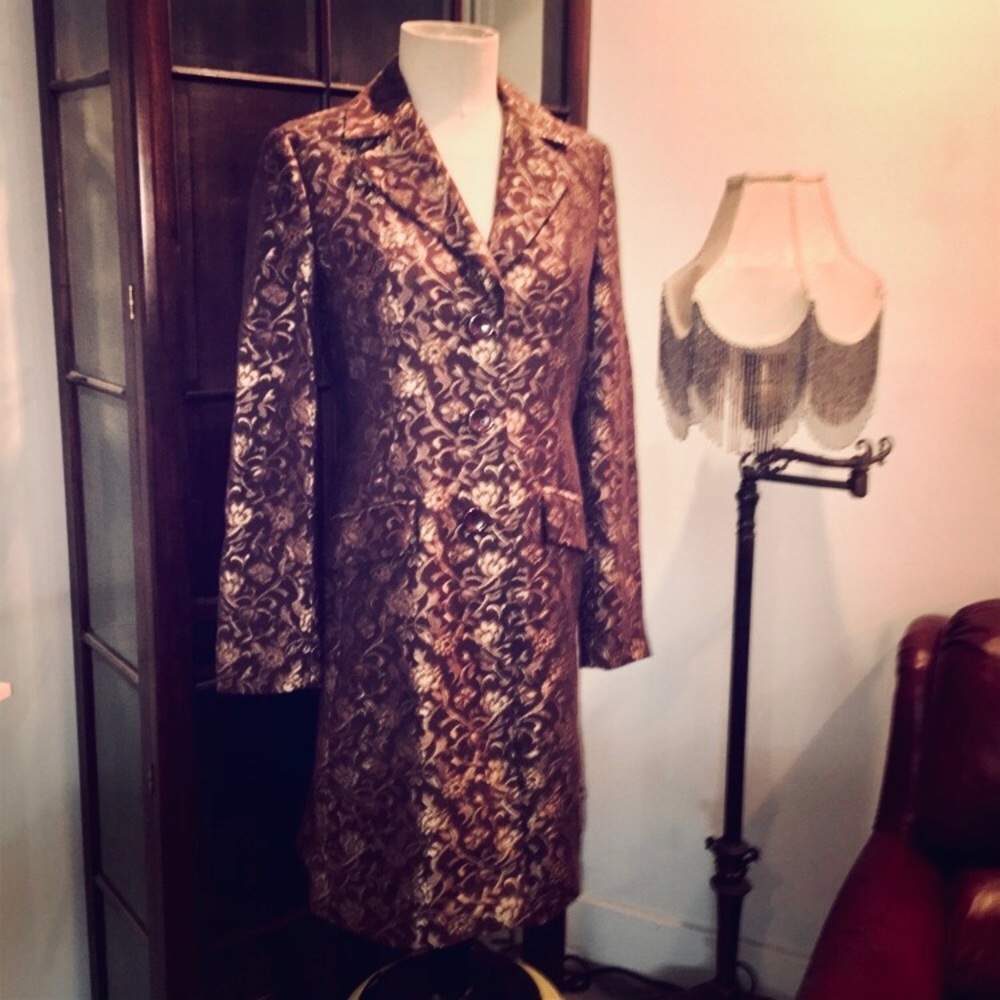 Long Brown & Gold Brocade,Button Front, Coat